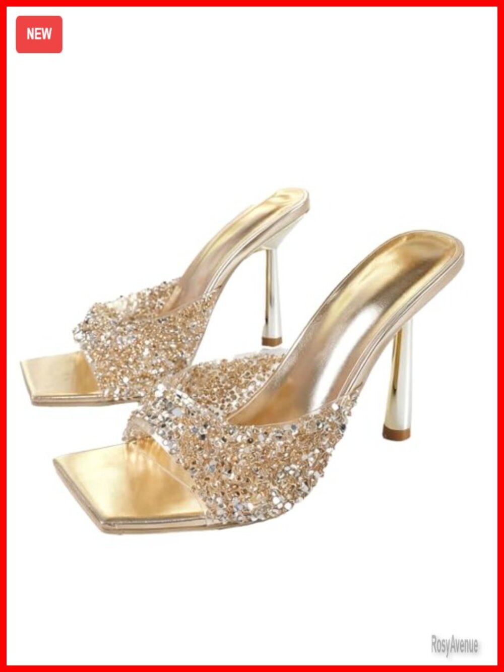 Rhinestone Square Open Toe Stiletto Mule Sandals Slip On High Heel Dress Wedding